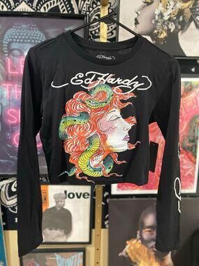 Ed Hardy Snake Girl Long Sleeve Deadstock NTW Baby Tee, Black, Large